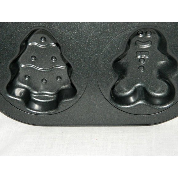 Christmas Cake Pan Mini Tree Snowman Gingerbread Man 6 Cavity Non Stick - Picture 4 of 5